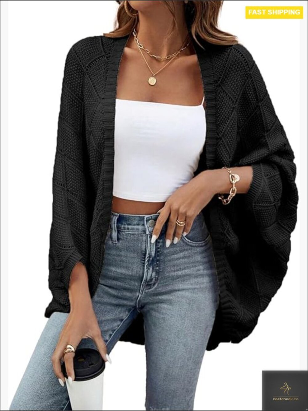 Oversized Crochet Batwing Sleeve Cardigan Boho Hollow Out Lightweight Shrug